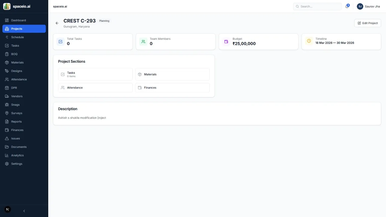 Spaceio+™ AI project overview dashboard