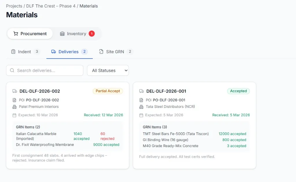 Spaceio+™ AI materials delivery tracking with GRN acceptance and rejection counts