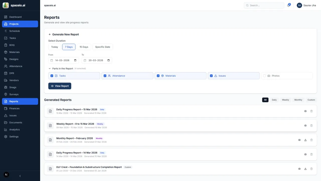 Spaceio+™ AI reports module for generating daily and weekly site progress reports
